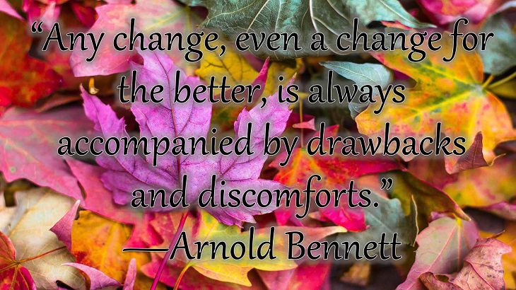 Changes on embracing and coping with change, loss and difficulty, “Any change, even a change for the better, is always accompanied by drawbacks and discomforts.”  —Arnold Bennett