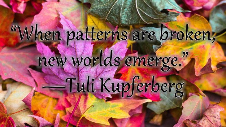 Changes on embracing and coping with change, loss and difficulty, “When patterns are broken, new worlds emerge.”  —Tuli Kupferberg