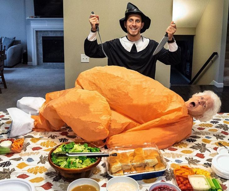 duo of grandmother and grandson, ross smith, wear fun costumes for social media, dressed in pilgrim and turkey costumes