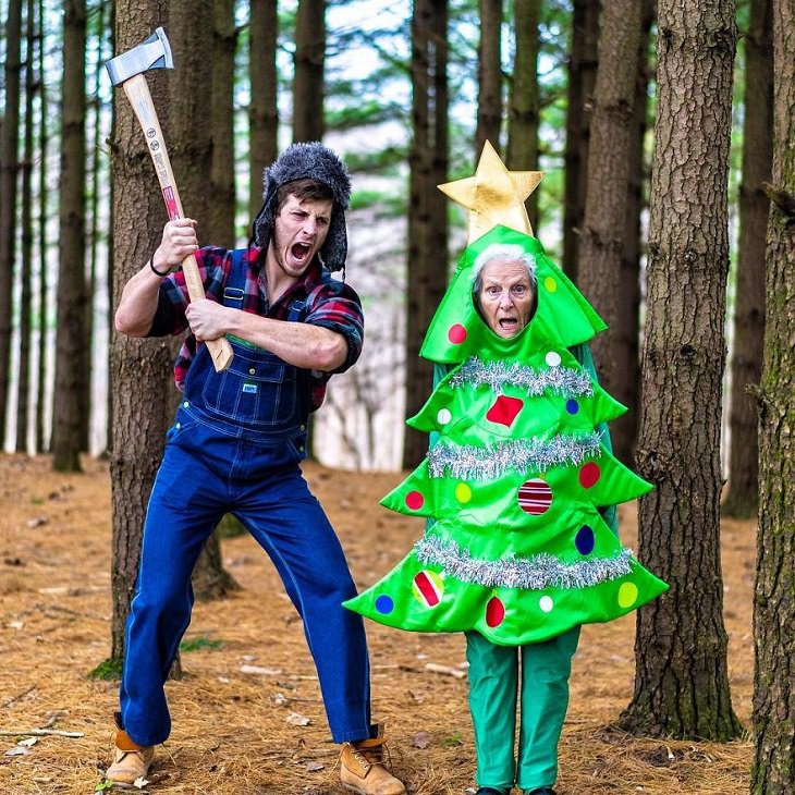 duo of grandmother and grandson, ross smith, wear fun costumes for social media, dressed as a lumberjack and a christmas tree