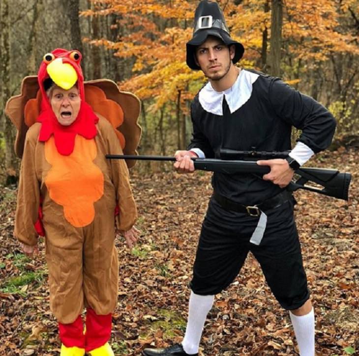 duo of grandmother and grandson, ross smith, wear fun costumes for social media, dressed as a hunter and a live turkey
