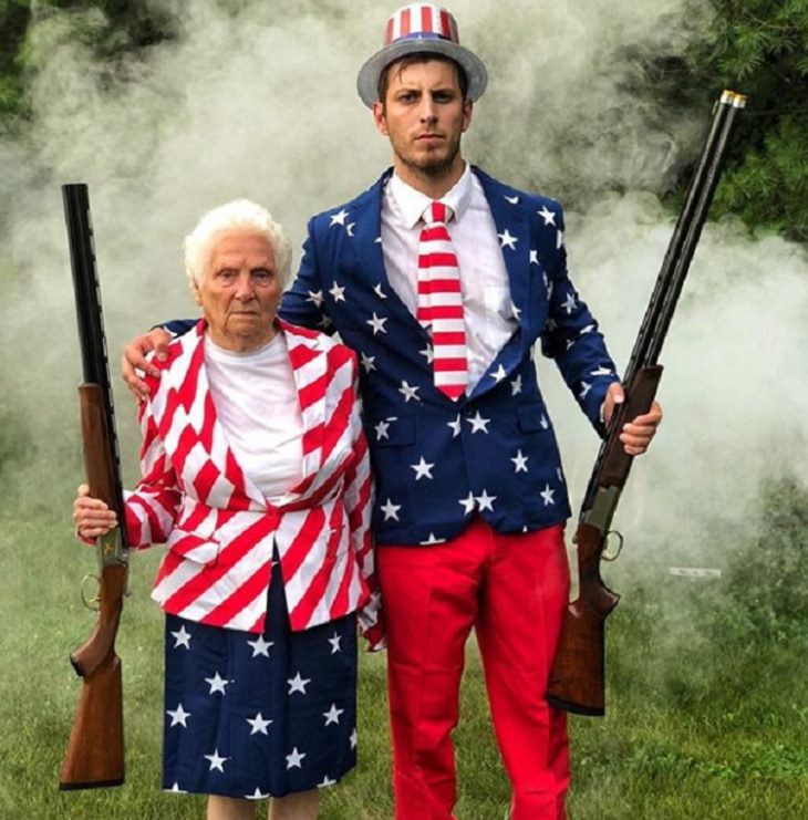 duo of grandmother and grandson, ross smith, wear fun costumes for social media, wearing uncle sam and stars and stripes outfit, holding rifles