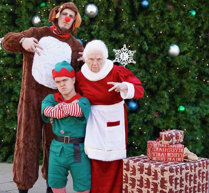 duo of grandmother and grandson, ross smith, wear fun costumes for social media, dressed as santa's wife, a reindeer and an elf