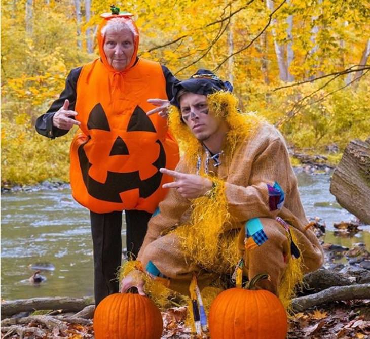 duo of grandmother and grandson, ross smith, wear fun costumes for social media, dressed as jack-o-lantern and scarecrow