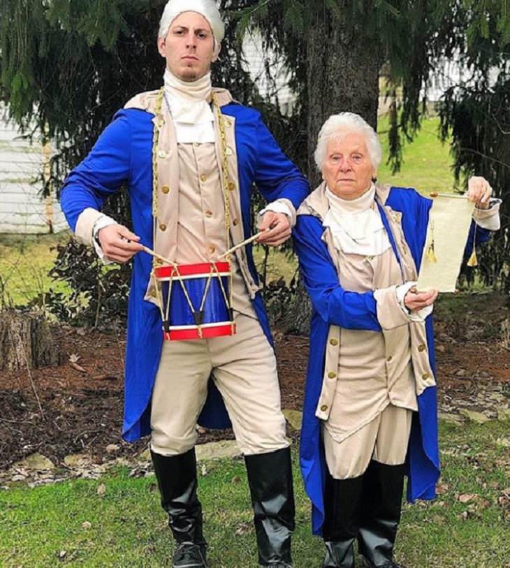 duo of grandmother and grandson, ross smith, wear fun costumes for social media, dressed in colonial costumes
