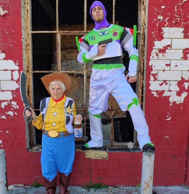 duo of grandmother and grandson, ross smith, wear fun costumes for social media, dressed up as woody and buzz lightyear from Toy Story