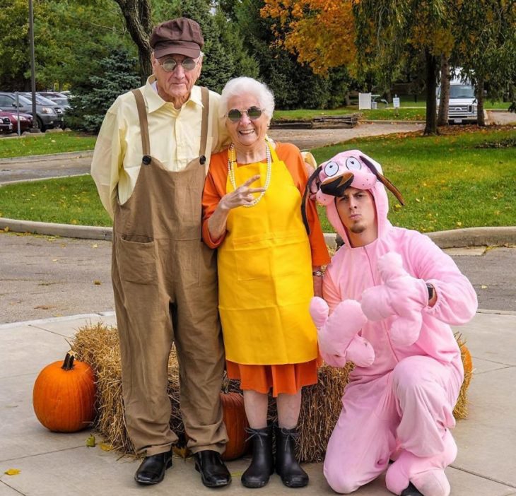 duo of grandmother and grandson, ross smith, wear fun costumes for social media, dressed as courage the corwardly dog and family