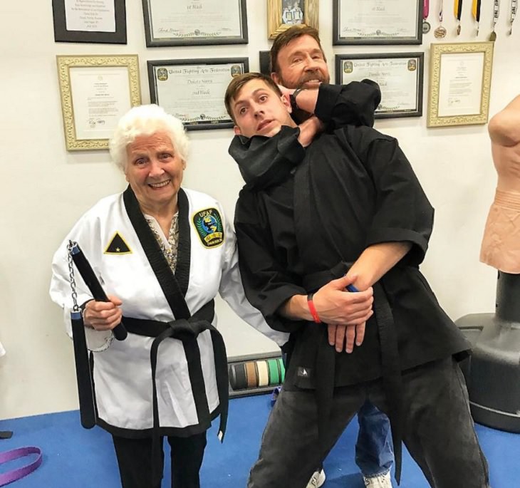 duo of grandmother and grandson, ross smith, wear fun costumes for social media, dressed in karate gear with chuck norris