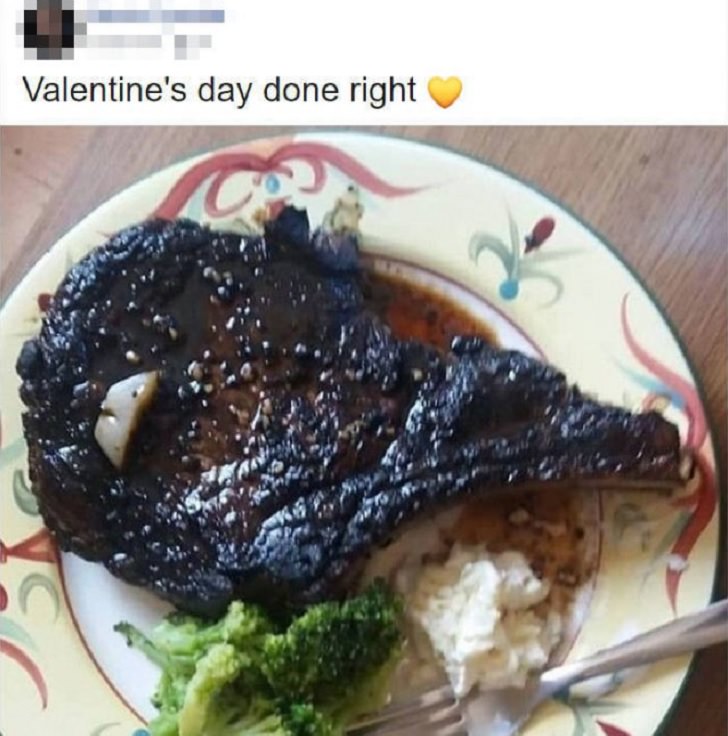 unbeatable food fails and cooking incidents that ended disastrously, over cooked burnt steak for valentine's day