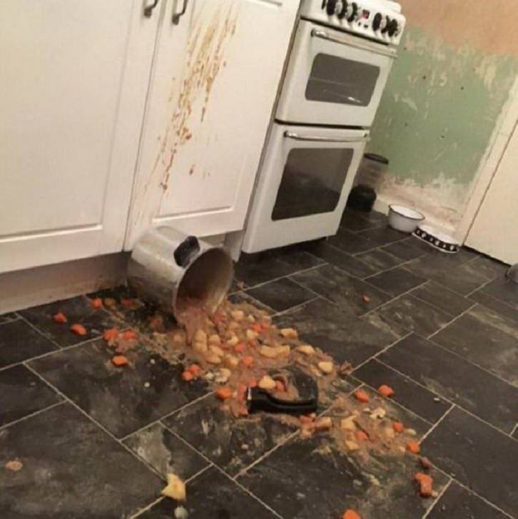 Hilariously bad days for people caught on camera, large pot of stew fallen and spilled onto the floor