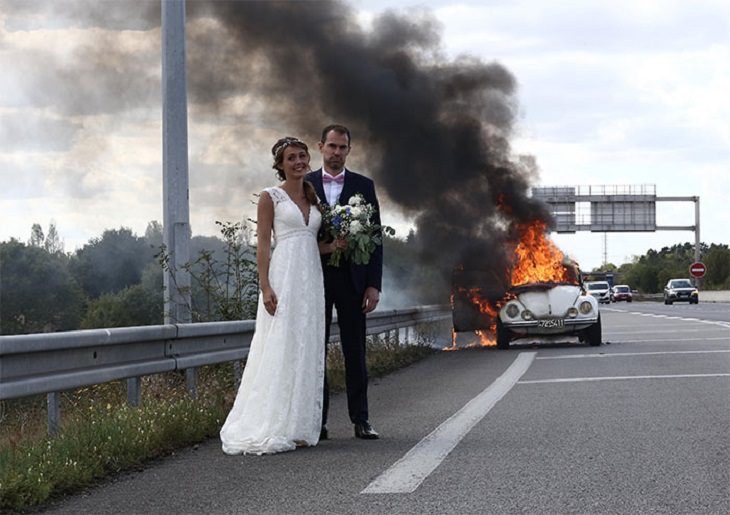 Hilariously bad days for people caught on camera, newly wed couple standing in front of wedding car on fire