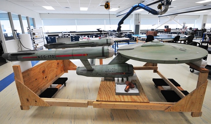 Historical treasures and incredible exhibits in the National Air and Space Museum in the National Mall of Washington DC, Paramount's filming model of the Star Trek starship Enterprise under restoration for NASM exhibition