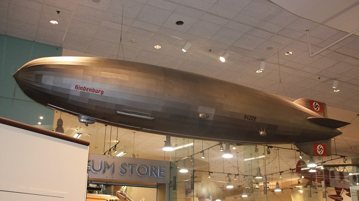 Historical treasures and incredible exhibits in the National Air and Space Museum in the National Mall of Washington DC, 25-foot long model of the LZ 129 Hindenburg used in the 1975 movie The Hindenburg