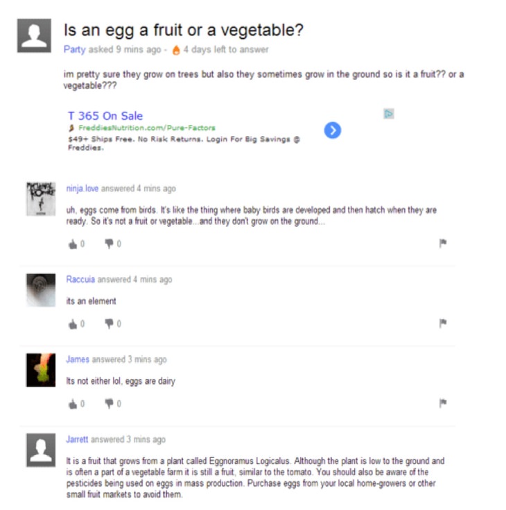 Dumb, stupid and ridiculous questions posted online and asked on the internet, are eggs fruit or vegetable
