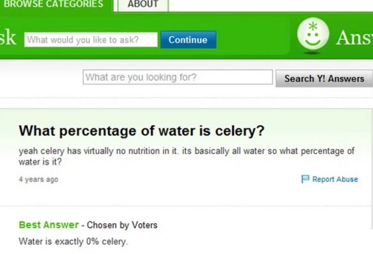 Dumb, stupid and ridiculous questions posted online and asked on the internet, How much celery is in water