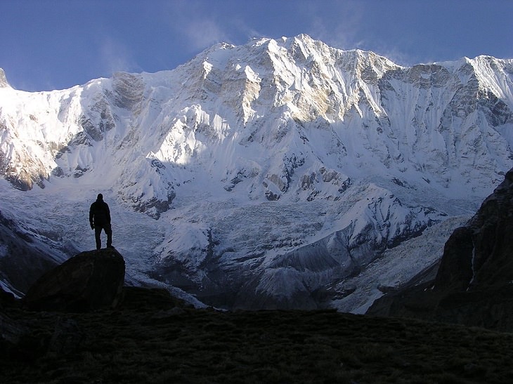 Pictures of the tallest peaks and beautiful landscapes found in the Himalayas, South facing side of Annapurna I glacier and peak