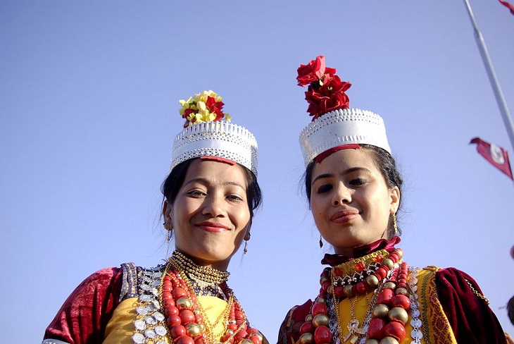 Majestic Beautiful Sights of the Northeast Indian State, Meghalaya, one of the seven sisters states, Traditional Khasi dress worn by the girls at the Shad Suk Mynsiem dance