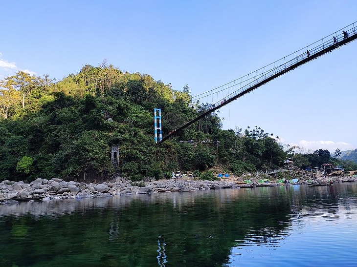 Majestic Beautiful Sights of the Northeast Indian State, Meghalaya, one of the seven sisters states, Dawki Bridge, a suspension bridge that stands over the Umngot river, in Dawki, Meghalaya, India