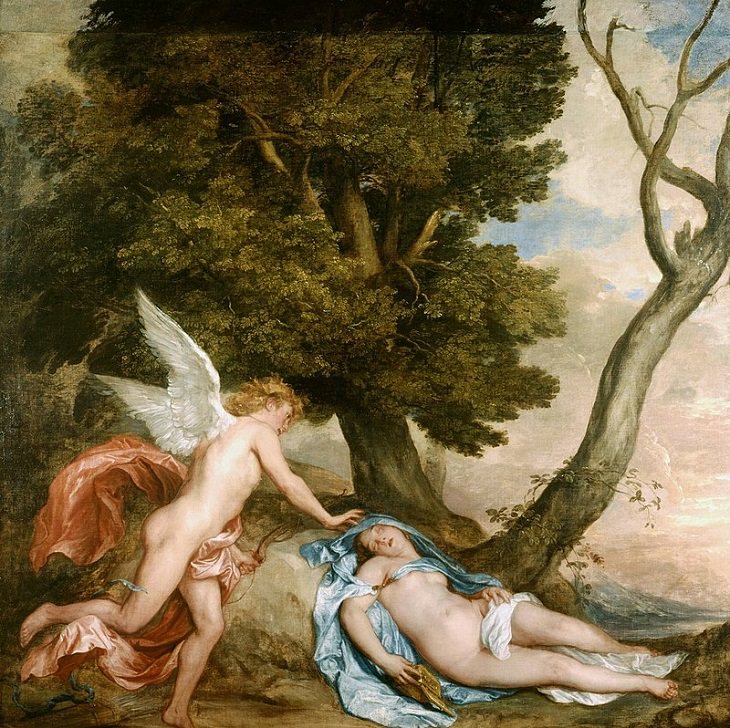 Epic Incredible Love Stories and Romance Tales from Greek Mythology, Eros (cupid) finds Psyche sleeping