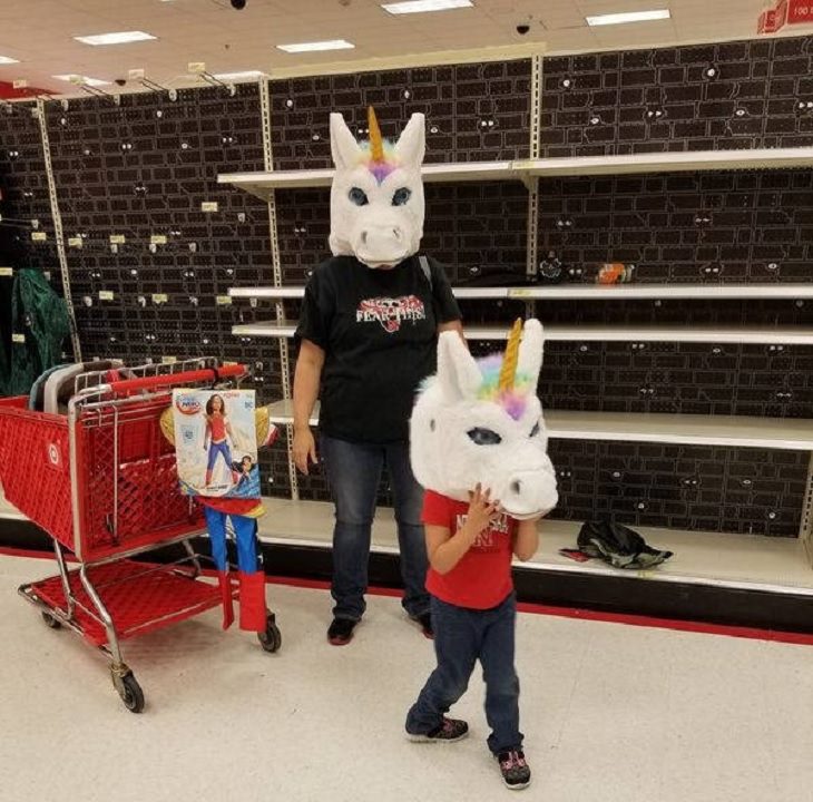 Hilarious photographs that show the best parents and parenting done right, parent with child wearing unicorn mask