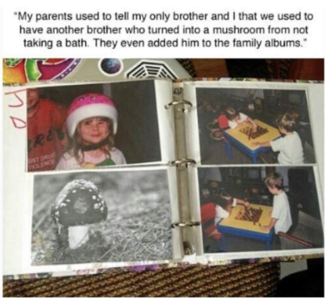Hilarious photographs that show the best parents and parenting done right, mushroom in a photo album to teach kids the importance of bathing