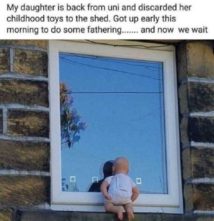 Hilarious photographs that show the best parents and parenting done right, father places toy at daughters window