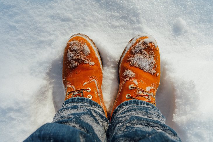 Helpful Winter Life Hacks On a Budget for dealing with Ice, Frost and Snow, shoes covered in snow