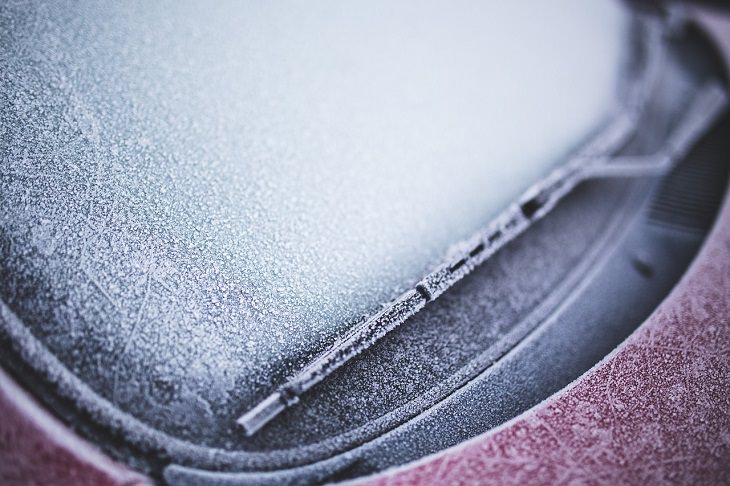 Helpful Winter Life Hacks On a Budget for dealing with Ice, Frost and Snow, frosted windshield with windshield wipers frozen onto it