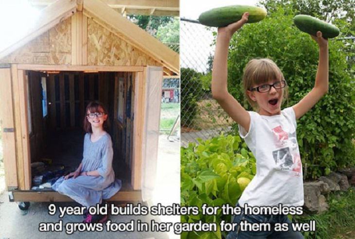 Wholesome and heartwarming pictures and stories, young girl builds shelter for homeless and grows a garden to supply food