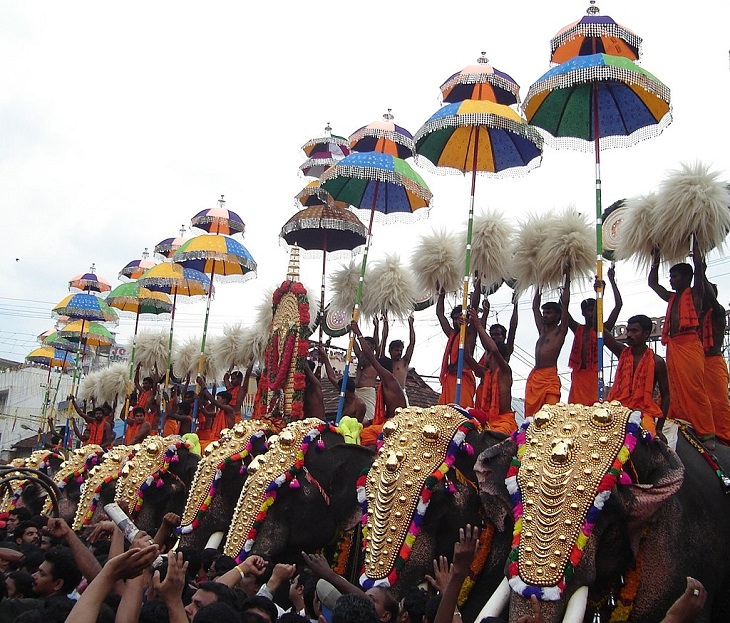 Sights and must-see destinations in the tourist state in India, Kerala, also known as God’s Own Country, Celebrating the Thrissur Pooram Festival