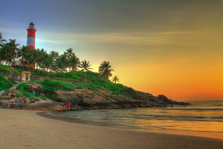 Sights and must-see destinations in the tourist state in India, Kerala, also known as God’s Own Country, Kovalam Beach, one of the most beautiful and cleanest beaches in India