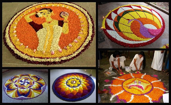Sights and must-see destinations in the tourist state in India, Kerala, also known as God’s Own Country, Pookalams (carpets/designs made of flowers) created in celebration of the Onam Festival