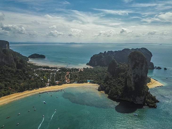 The sights, destinations and fun activities of cultural hub and land of beaches, Krabi in Thailand, An aerial view of Railay beach