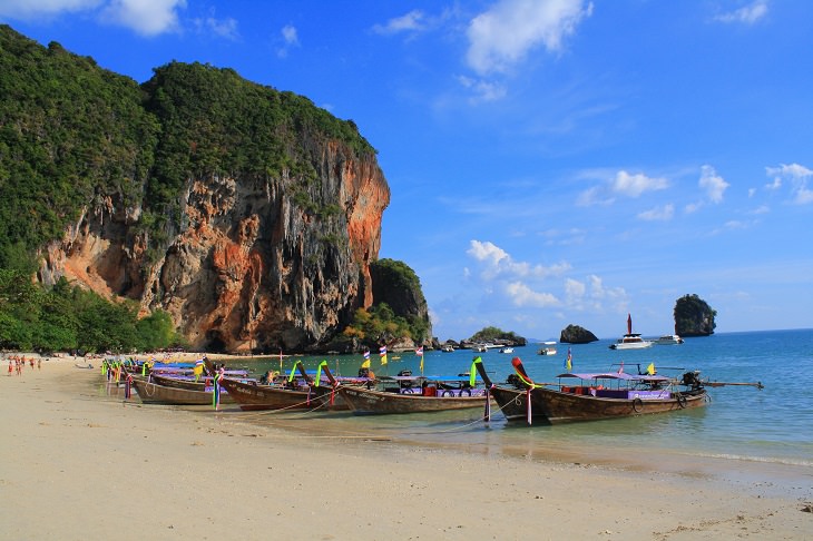 The sights, destinations and fun activities of cultural hub and land of beaches, Krabi in Thailand, Long-tail boats in Railay beach