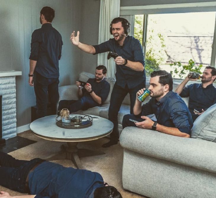 Funny and heartwarming pictures of birthday celebrations during the COVID-19 pandemic quarantine and lockdown, multiple versions of same man in dark blue t-shirt and black pants photoshopped doing different things around the room 