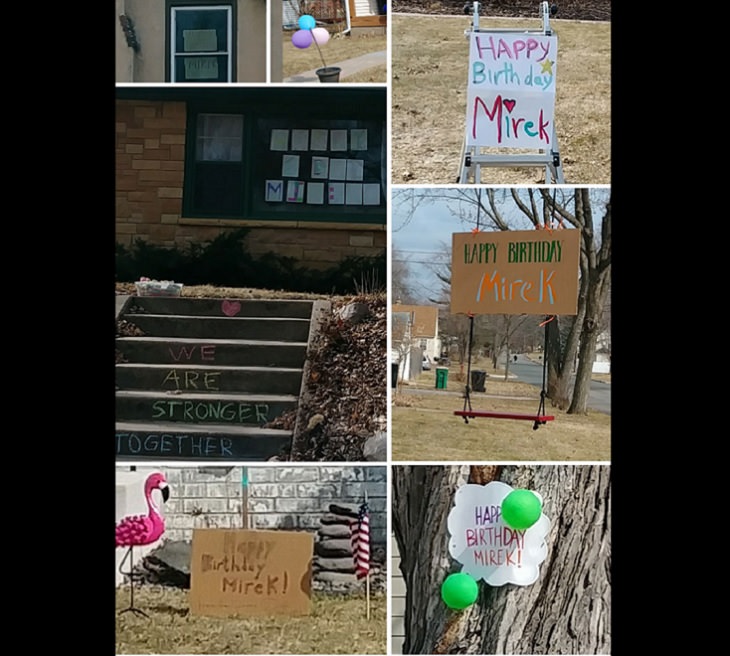 Funny and heartwarming pictures of birthday celebrations during the COVID-19 pandemic quarantine and lockdown, different houses in neighborhood with birthday decorations and signs saying “Happy Birthday Mirek”