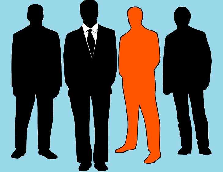 Debunking the myths about mental health, silhouette of 4 men, 1 in business suit and another shaded orange