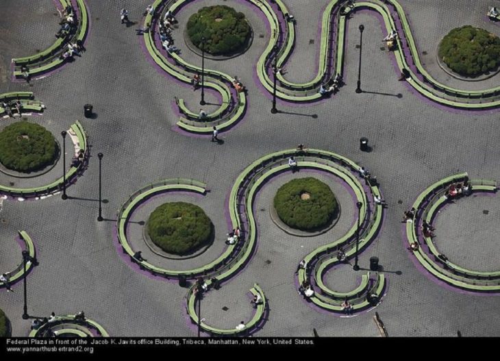 Aerial photos of New York City in “New York City From the Air” series by Yann Arthus-Bertrand, Federal Plaza in front of the Jacob K. Javits Office Building, Tribeca, Manhattan