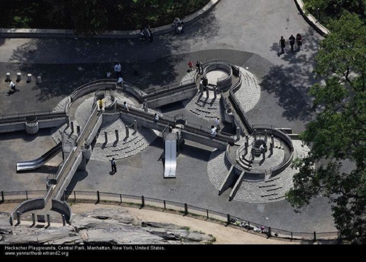 Aerial photos of New York City in “New York City From the Air” series by Yann Arthus-Bertrand, Heckscher Playgrounds, Central Park, Manhattan