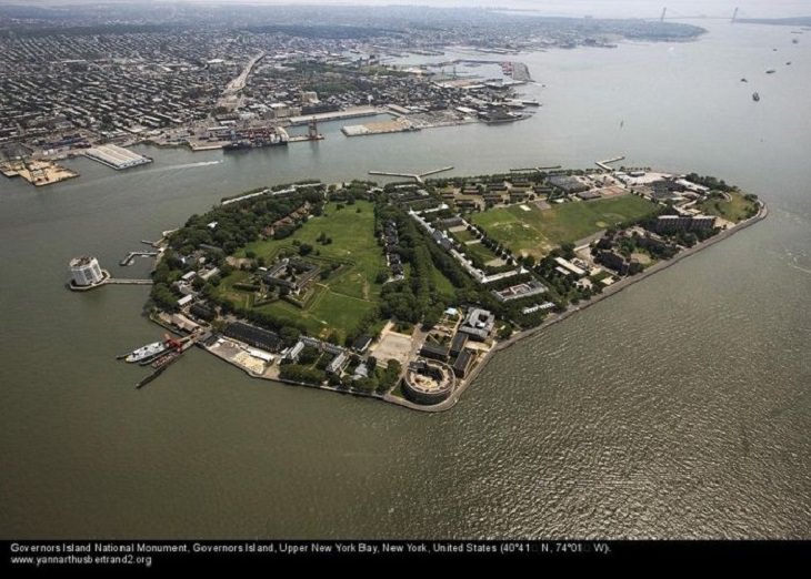 Aerial photos of New York City in “New York City From the Air” series by Yann Arthus-Bertrand, Governors Island National Monument, Governors Island, Upper New York Bay