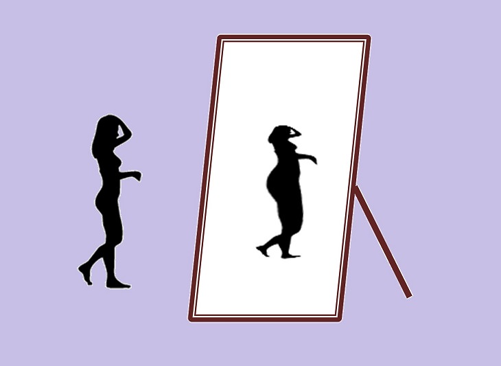 Debunking the myths about mental health, silhouette of slim woman looking into mirror and seeing heavier reflection