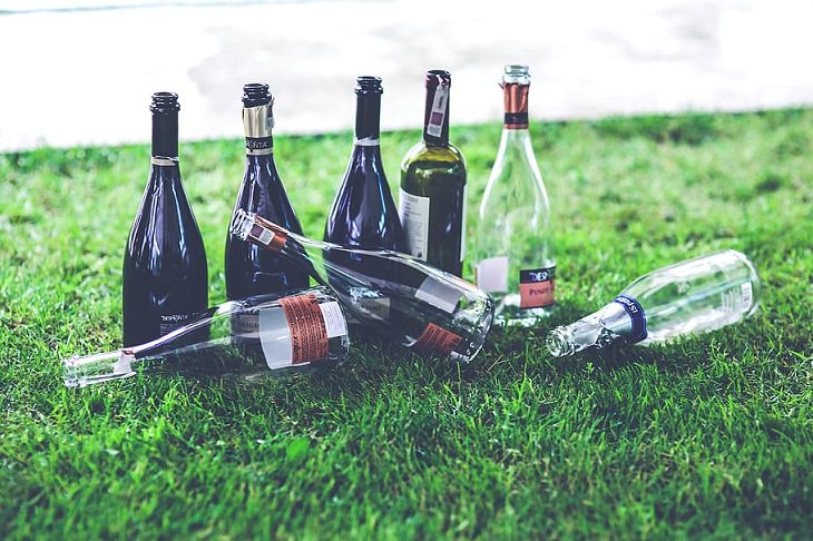Debunking the myths about mental health, 8 empty wine bottles on the grass, 5 upright and 3 toppled over