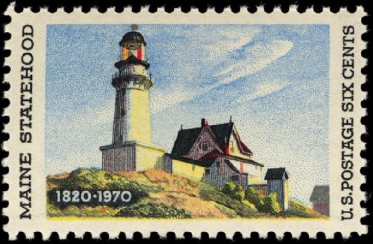 Notable Works of Art by famous painters and artists found on U.S Postal Stamps, The Lighthouse at Two Lights, by Edward Hopper