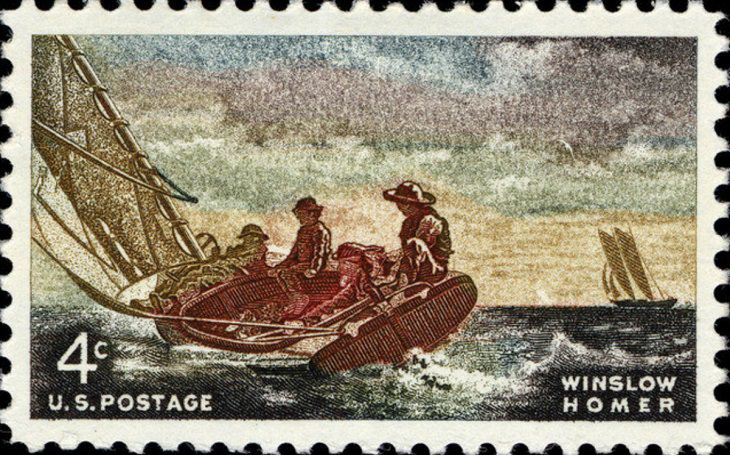 Notable Works of Art by famous painters and artists found on U.S Postal Stamps, Breezing Up (A Fair Wind), by Winslow Homer