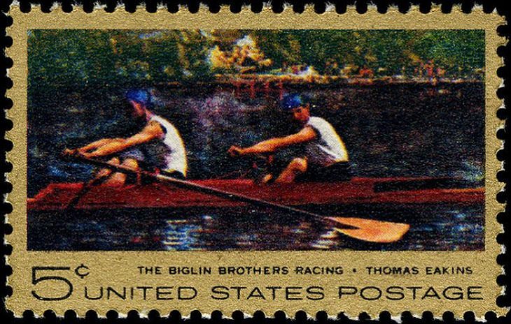 Notable Works of Art by famous painters and artists found on U.S Postal Stamps, The Biglin Brothers Racing, by Thomas Eakins