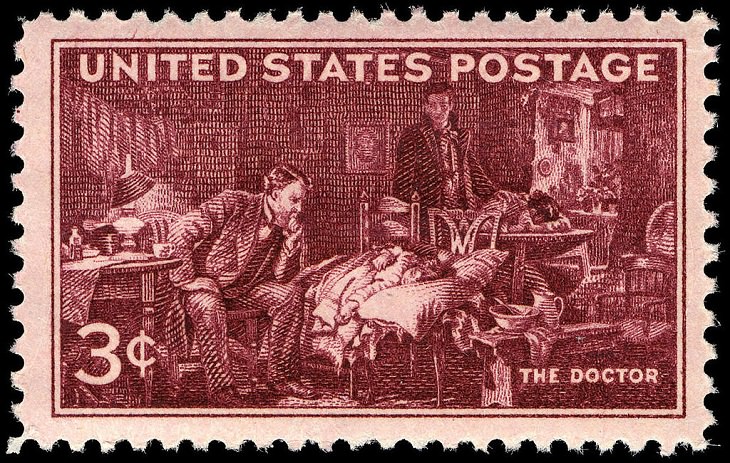 Notable Works of Art by famous painters and artists found on U.S Postal Stamps, The Doctor, by Luke Fildes