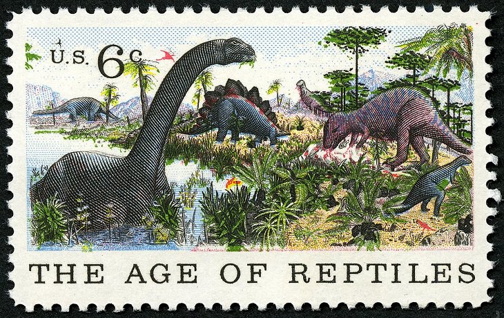 Notable Works of Art by famous painters and artists found on U.S Postal Stamps, The Age of Reptiles, by Rudolph F. Zallinger