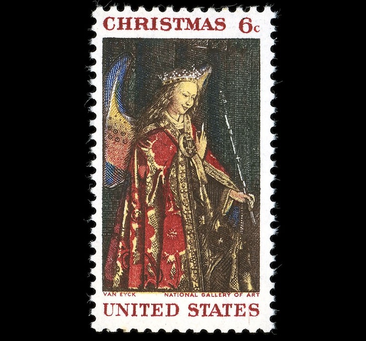 Notable Works of Art by famous painters and artists found on U.S Postal Stamps, The Annunciation, by Jan van Eyck