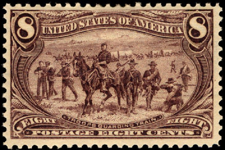 Notable Works of Art by famous painters and artists found on U.S Postal Stamps, Troops Guarding Train, by Frederic Remington