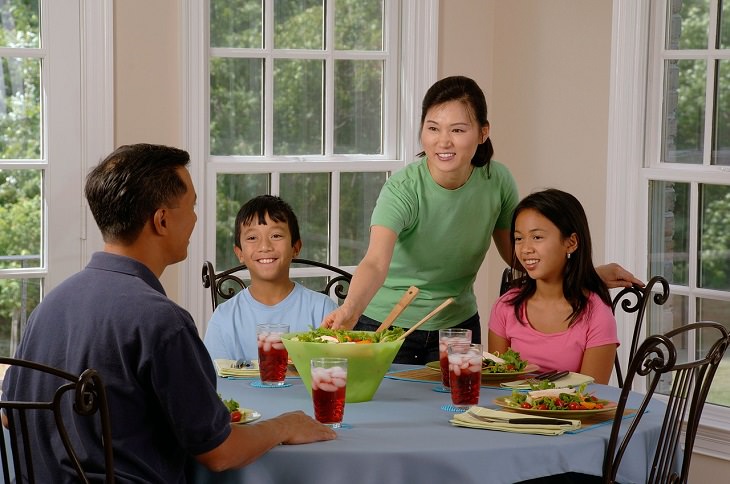 8 tips and tricks to help children develop healthy eating habits, Family sitting at dining table eating together